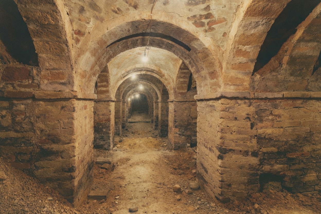 Galleria sotterranea con sequenza profonda di arcate in mattoni a vista, pavimento in terra battuta e lampadine appese.